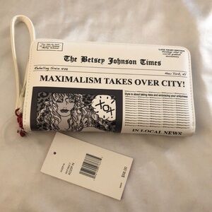 Betsey Johnson Betsey Newspaper Print White Faux Leather ZA Continental Wallet